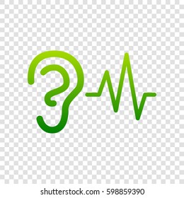 Ear hearing sound sign. Vector. Green gradient icon on transparent background.