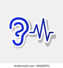 Ear hearing sound sign. Vector. New year bluish icon with outside stroke and gray shadow on light gray background.