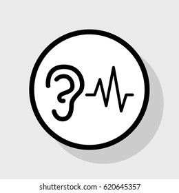 Ear hearing sound sign. Vector. Flat black icon in white circle with shadow at gray background.