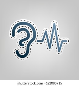 Ear hearing sound sign. Vector. Blue icon with outline for cutting out at gray background.