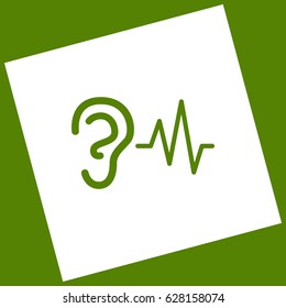 Ear hearing sound sign. Vector. White icon obtained as a result of subtraction rotated square and path. Avocado background.
