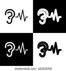 Ear hearing sound sign. Vector. Black and white icons and line icon on chess board.