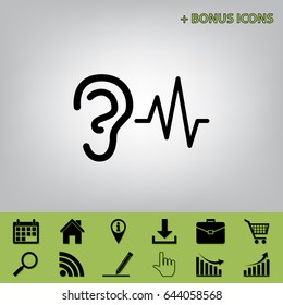 Ear hearing sound sign. Vector. Black icon at gray background with bonus icons 