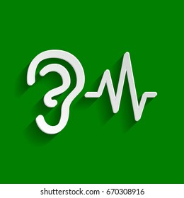 Ear hearing sound sign. Vector. Paper whitish icon with soft shadow on green background.