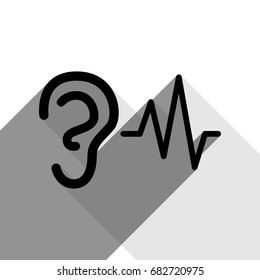 Ear hearing sound sign. Vector. Black icon with two flat gray shadows on white background.