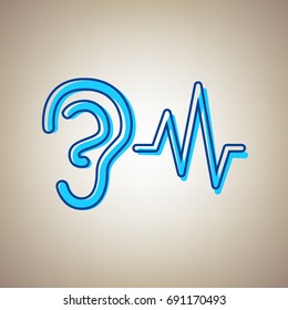Ear hearing sound sign. Vector. Sky blue icon with defected blue contour on beige background.