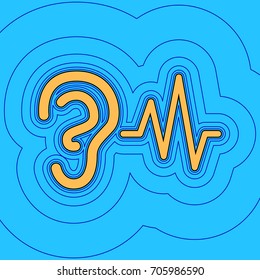 Ear hearing sound sign. Vector. Sand color icon with black contour and equidistant blue contours like field at sky blue background. Like waves on map - island in ocean or sea.