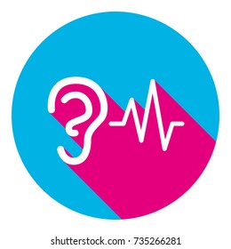 Ear hearing sound sign. Vector. Flat white icon with mexican pink shadow inside sky blue(S and G) circle at white background. Isolated. Trend colors in 2017.