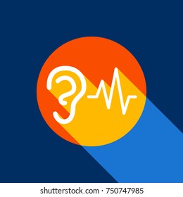 Ear hearing sound sign. Vector. White icon on tangelo circle with infinite shadow of light at cool black background. Selective yellow and bright navy blue are produced.