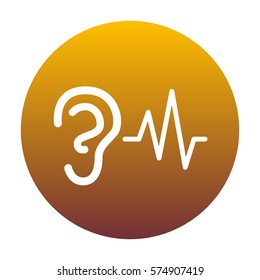 Ear hearing sound sign. White icon in circle with golden gradient as background. Isolated.