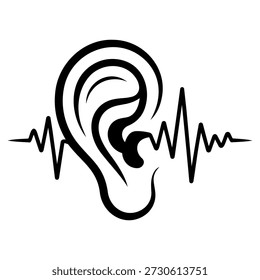 Oído con el icono de la línea del latido del corazón para el concepto de salud auditiva