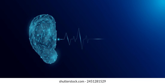 Anatomía del órgano humano de la oreja en forma de polígono de bajo poli futurista y onda de pulso brillante. Anuncio de Plantilla de ciencias médicas con espacio vacío para texto. Ilustración del EPS10 del Vector.