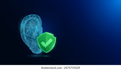 Ear human organ anatomy in style polygonal with check mark in green shield glowing on dark blue background. Medical science protection symbol concept. Banner empty space for text. Vector EPS10.