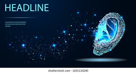 Ear. Human organ. Hearing treatment concept. Low poly wireframe style. Technology in medicine. Abstract illustration isolated on blue background. Vector. Headline