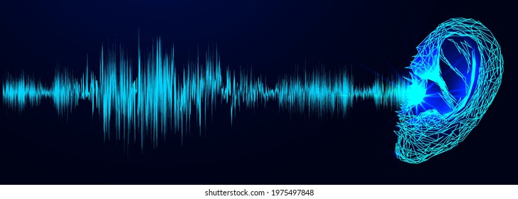 Ear. Human organ. Hearing treatment concept. Low poly wireframe style. Technology in medicine. Abstract illustration isolated on blue background. Vector. Headline