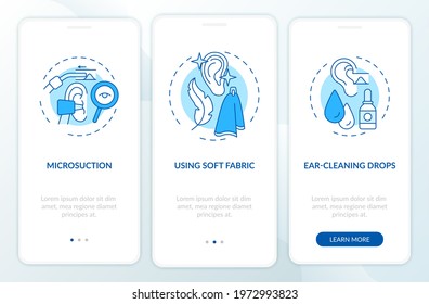 Ear hygiene practice onboarding mobile app page screen with concepts. Microsuction, drops walkthrough 3 steps graphic instructions. UI, UX, GUI vector template with linear color illustrations