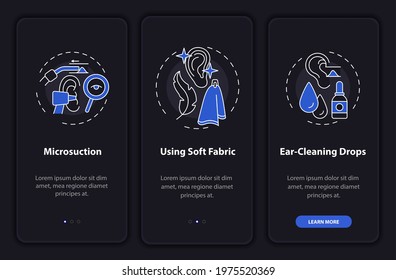 Ear hygienic measures onboarding mobile app page screen with concepts. Soft material, suction walkthrough 3 steps graphic instructions. UI, UX, GUI vector template with linear night mode illustrations