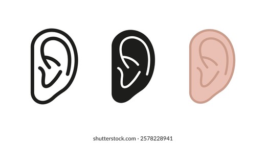 Ear icon. Deaf symbol. Human body part sign. Hearing perception organ pictogram. Deafness vector illustration. Realistic ear concept isolated outline, line, black and colored.