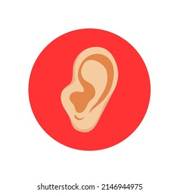 Ear icon in flat style isolated on white background. Part of body symbol vector illustration.
Vector realistic human ear icon closeup in a red circle icon. Design template of a body part, human organ.