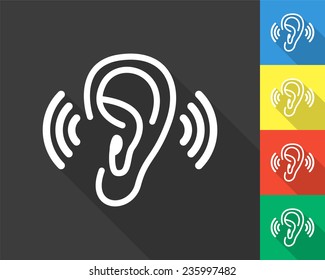 ear icon - gray and colored (blue, yellow, red, green) vector illustration with long shadow
