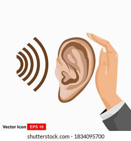 ear icon and hand, hearing linear sign isolated on white background - editable vector illustration 