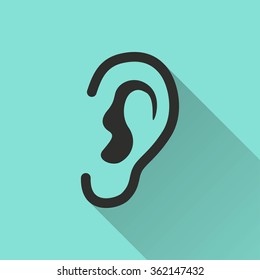 Ear   icon with long shadow, flat design. Vector illustration.