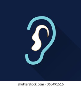 Ear   icon with long shadow, flat design. Vector illustration.