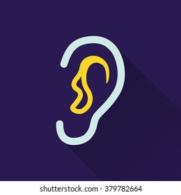 Ear   icon with long shadow, flat design. Vector illustration.