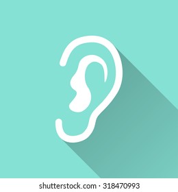 Ear   icon with long shadow on green background, flat design. Vector illustration.