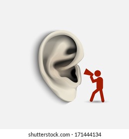 Ear and icon man with megaphone. Conceptual vector illustration