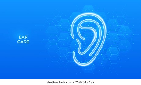 Ear icon. Otolaryngology. Ear Care. Diagnosis and treatment of hearing problems and deafness, audiology, hearing loss. Molecular structure. Blue medical background with hexagons. Vector illustration.