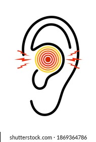 Ear Icon With Pain. Otitis From Infection. Earache With Tinnitus. Ache In Middle Ear With Deaf. Symbol Of Otorhinolaryngology. Logo Of Symptoms Of Inflammation And Illness. Care To Body. Vector.