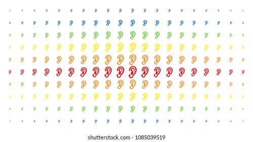 Ear icon rainbow colored halftone pattern. Vector ear objects are arranged into halftone grid with vertical rainbow colors gradient. Designed for backgrounds, covers, templates and abstract concepts.