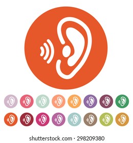 The ear icon. Sense organ and hear, understand symbol. Flat Vector illustration. Button Set