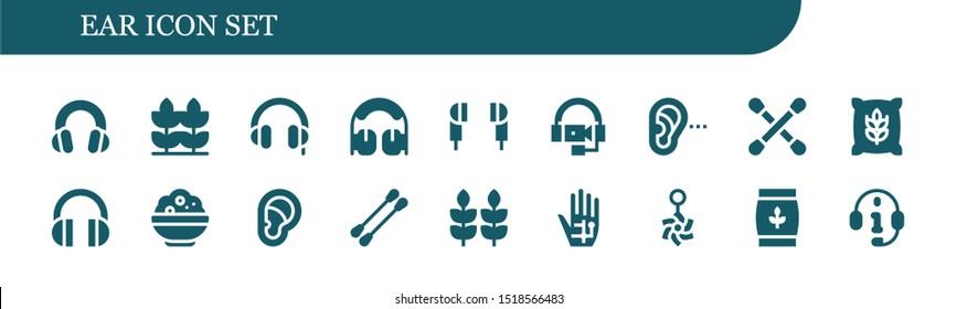 ear icon set. 18 filled ear icons.  Simple modern icons about  - Headphones, Wheat, Earphones, Listening, Cotton swab, Rice, Ear, Earbuds, Radiography, Belly piercing