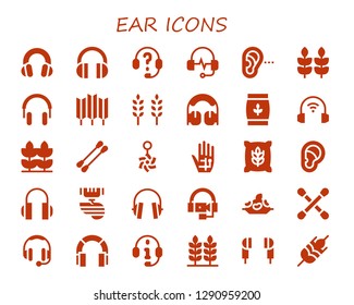  ear icon set. 30 filled ear icons. Simple modern icons about  - Headphones, Listening, Wheat, Earbuds, Belly piercing, Radiography, Ear, Organ, Rice, Cotton swab, Earphones