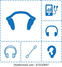 Ear icon. set of 6 ear filled and outline icons such as ear, mp3 player, earphones, headset, cotton buds