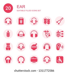 ear icon set. Collection of 20 filled ear icons included Headphone, Cereal, Wheat, Nose, Headphones, Ear protection, Body, Rice, Listen, Piercing, Disability