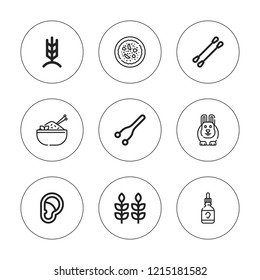 Ear icon set. collection of 9 outline ear icons with bunny, ear dropper, nose, rice, rye icons. editable icons.