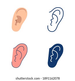 Ear icon set in flat and line style. Human body part symbol. Vector illustration.