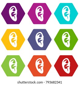 Ear icon set many color hexahedron isolated on white vector illustration