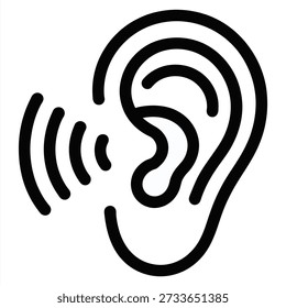 Ícone de ouvido com ondas sonoras. Símbolo de audição ou arte de linha de sinal de escuta. rabisco de sentido humano representando áudio, ruído ou surdez isolado no fundo branco.