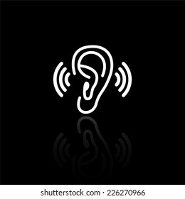 Ear icon - vector illustration with reflection isolated on black