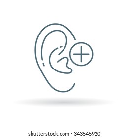 Ear icon. Volume sign. Hearing aid symbol. Thin line icon on white background. Vector illustration.