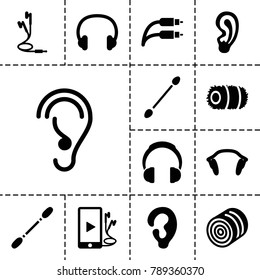 Ear icons. set of 13 editable filled ear icons such as hay, ear, cotton buds, phone and earphones, earphones, earphone wire, headset