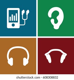 Ear icons set. set of 4 ear filled icons such as ear, mp3 player, earphones