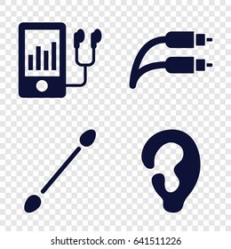 Ear icons set. set of 4 ear filled icons such as ear, cotton buds, mp3 player