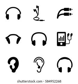 ear icons set. Set of 9 ear filled icons such as ear, mp3 player, earphones, earphone wire, headset