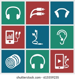 Ear icons set. set of 9 ear filled icons such as hay, mp3 player, ear, phone and earphones, earphones, earphone wire, headset
