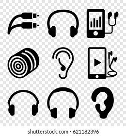 Ear icons set. set of 9 ear filled icons such as hay, ear, mp3 player, phone and earphones, earphones, earphone wire, headset